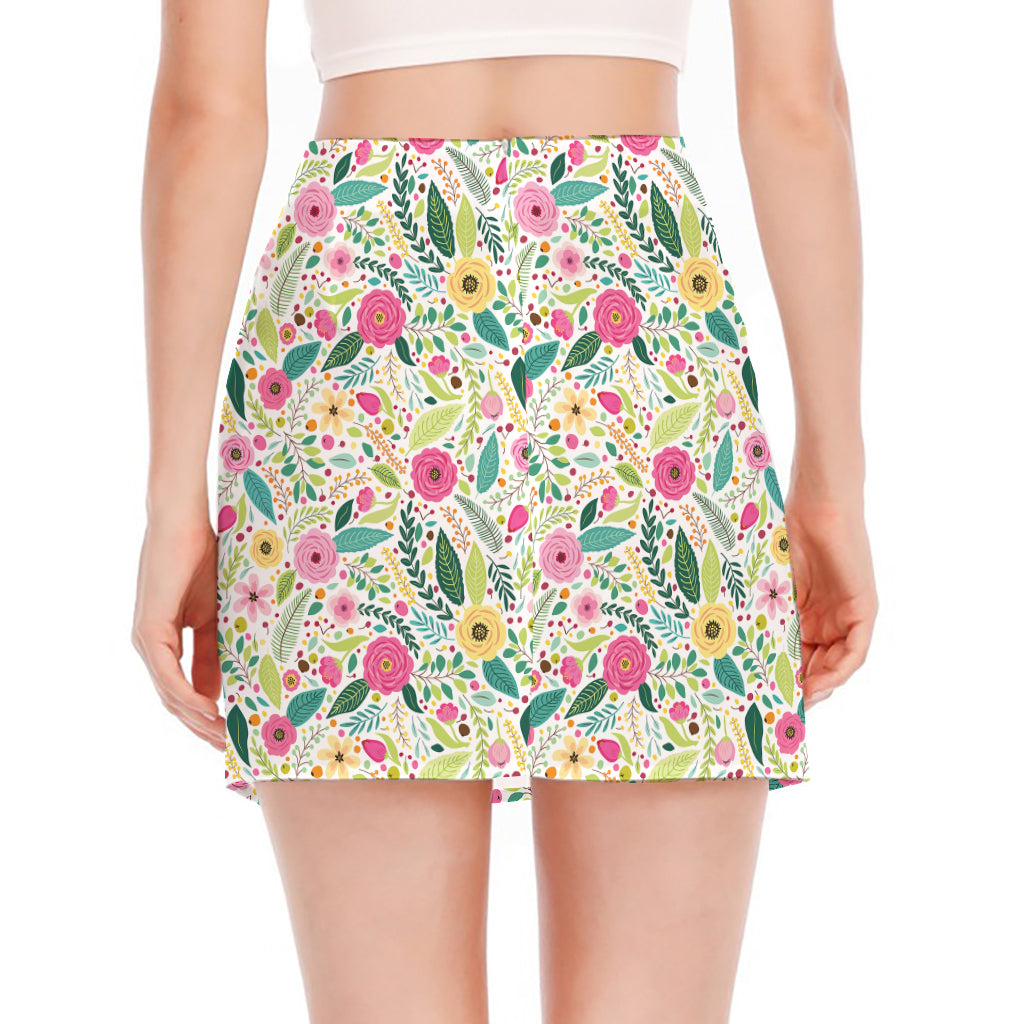 Girly Spring Flower Pattern Print Side Slit Mini Skirt