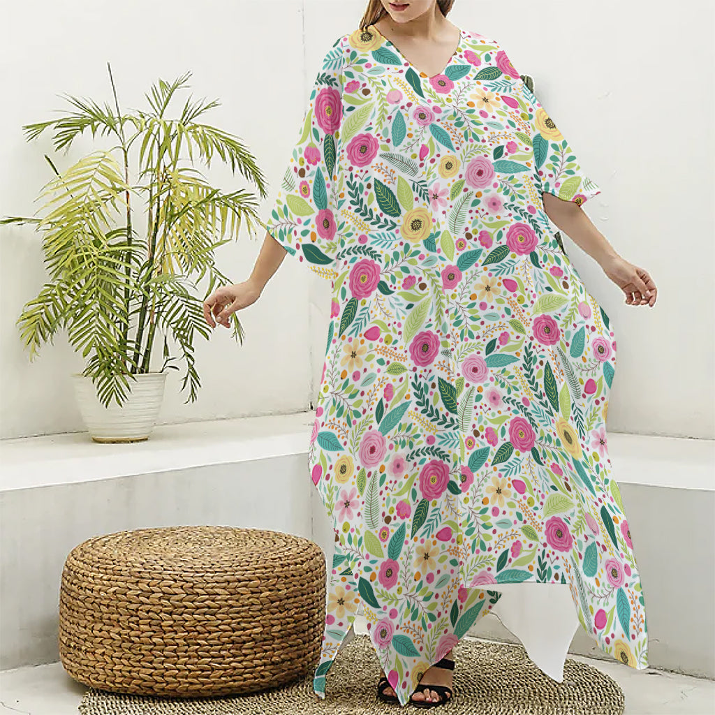 Girly Spring Flower Pattern Print Silk V-Neck Kaftan Dress