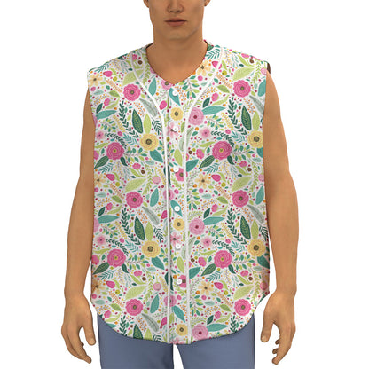 Girly Spring Flower Pattern Print Sleeveless Baseball Jersey