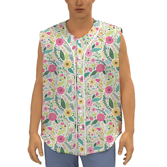 Girly Spring Flower Pattern Print Sleeveless Baseball Jersey