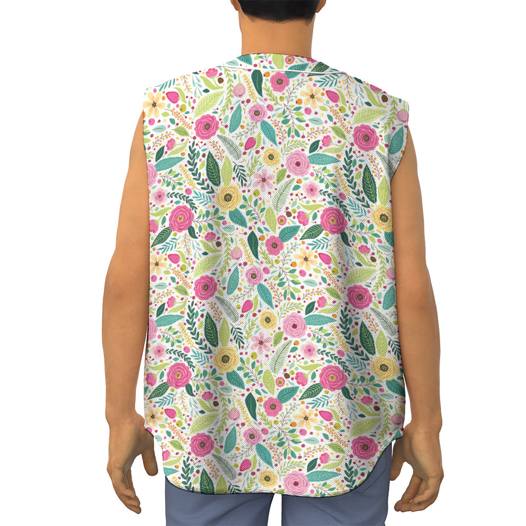 Girly Spring Flower Pattern Print Sleeveless Baseball Jersey