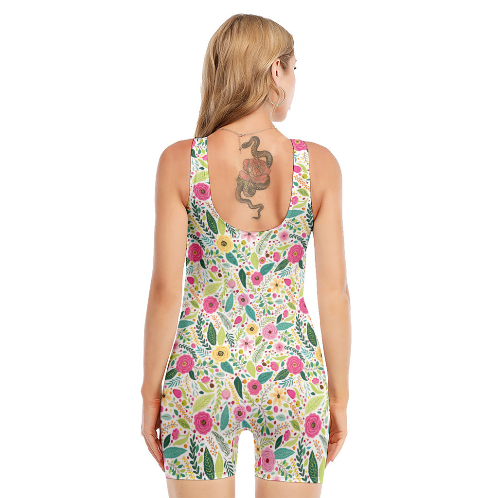 Girly Spring Flower Pattern Print Sleeveless One Piece Swimsuit
