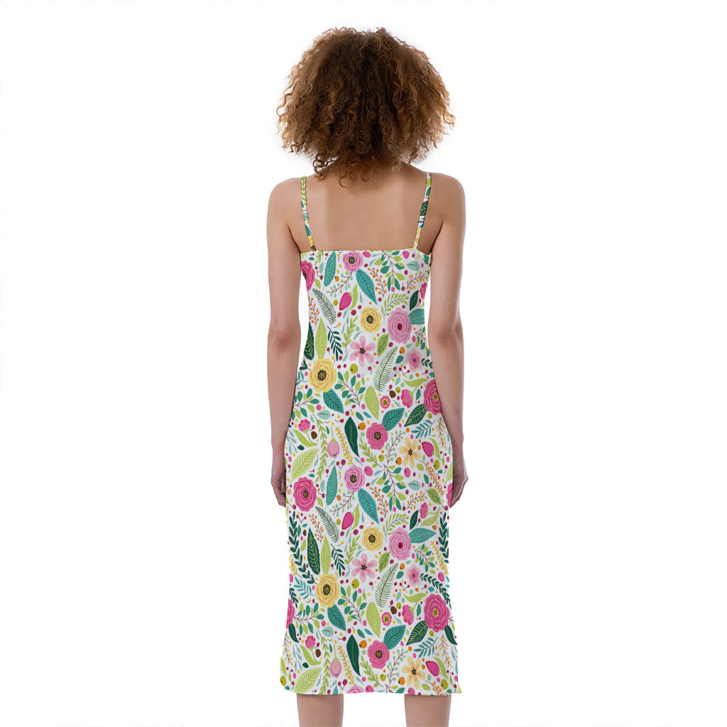 Girly Spring Flower Pattern Print Slim Fit Midi Cami Dress