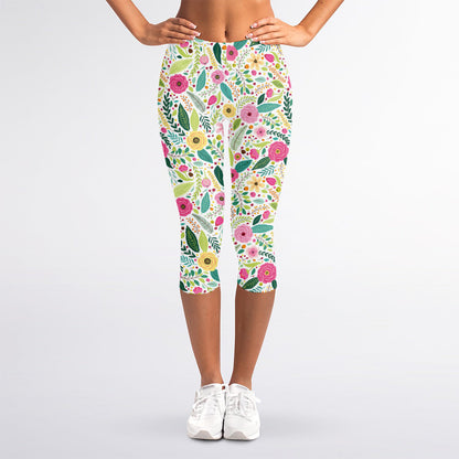 Girly Spring Flower Pattern Print Women's Capri Leggings