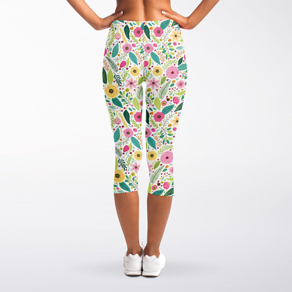 Girly Spring Flower Pattern Print Women's Capri Leggings