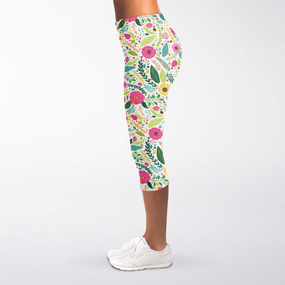 Girly Spring Flower Pattern Print Women's Capri Leggings