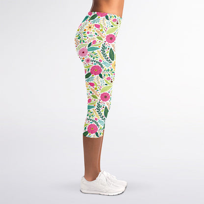Girly Spring Flower Pattern Print Women's Capri Leggings