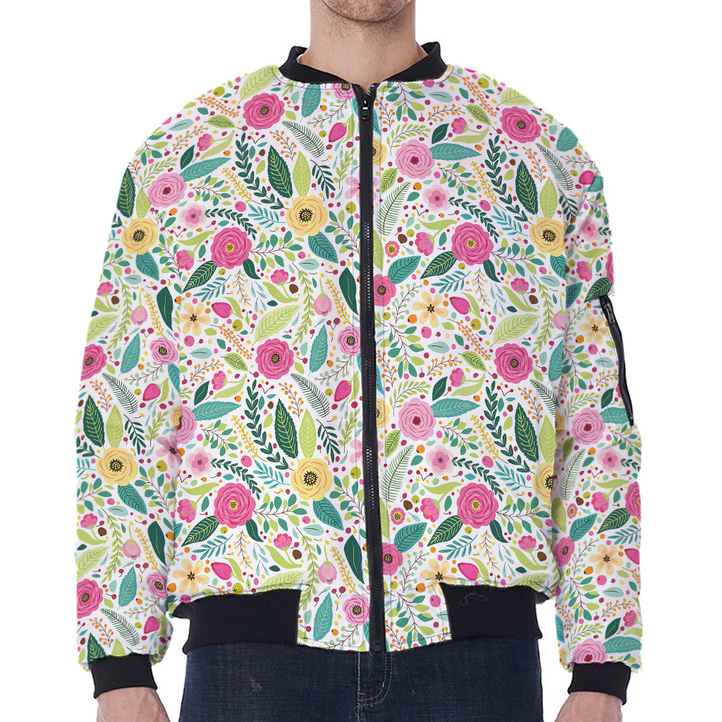 Girly Spring Flower Pattern Print Zip Sleeve Bomber Jacket