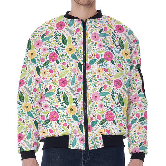Girly Spring Flower Pattern Print Zip Sleeve Bomber Jacket