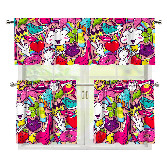 Girly Unicorn Cartoon Pattern Print 3 Piece Kitchen Curtains