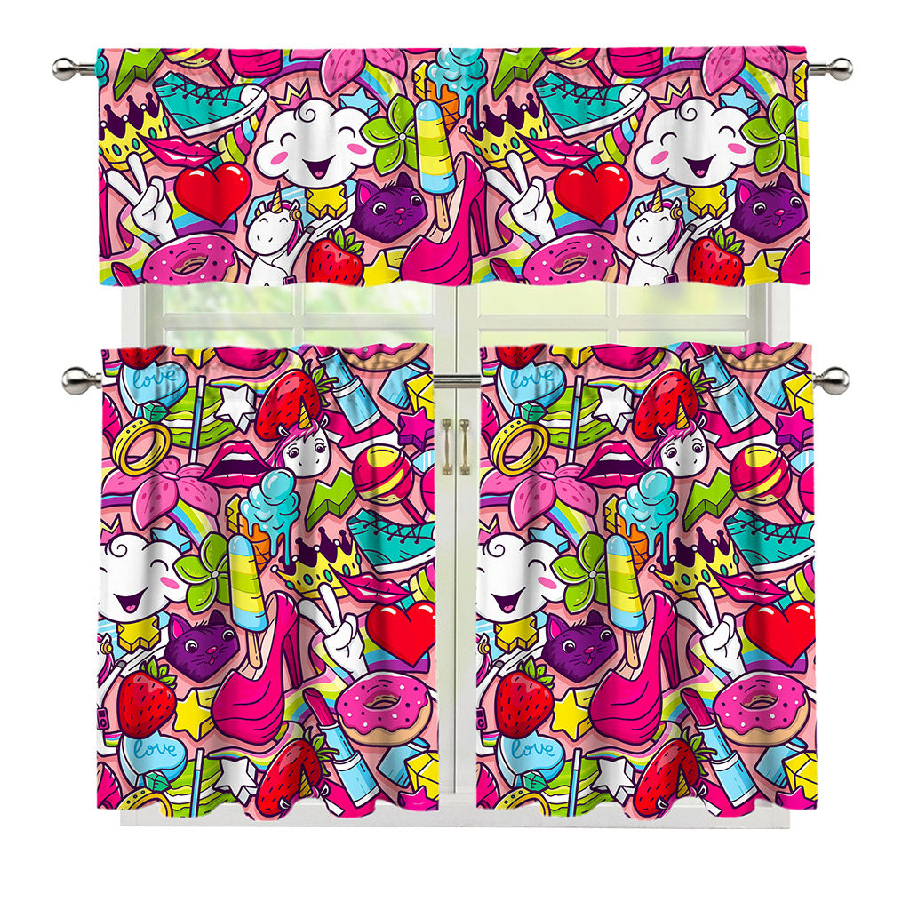 Girly Unicorn Cartoon Pattern Print 3 Piece Kitchen Curtains