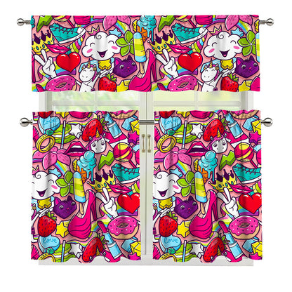 Girly Unicorn Cartoon Pattern Print 3 Piece Kitchen Curtains