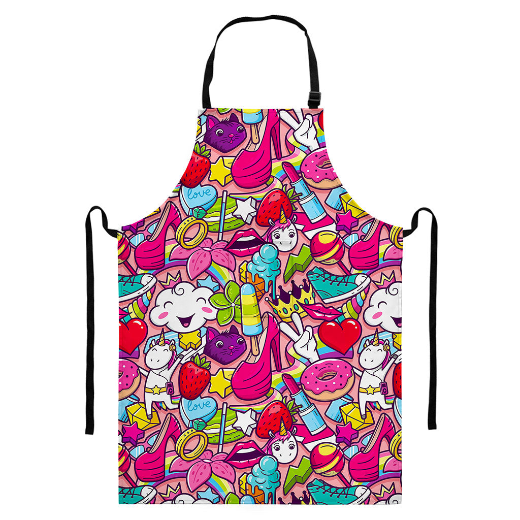 Girly Unicorn Cartoon Pattern Print Bib Apron With Pocket