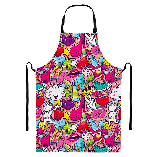 Girly Unicorn Cartoon Pattern Print Bib Apron With Pocket