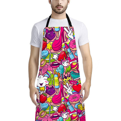Girly Unicorn Cartoon Pattern Print Bib Apron With Pocket