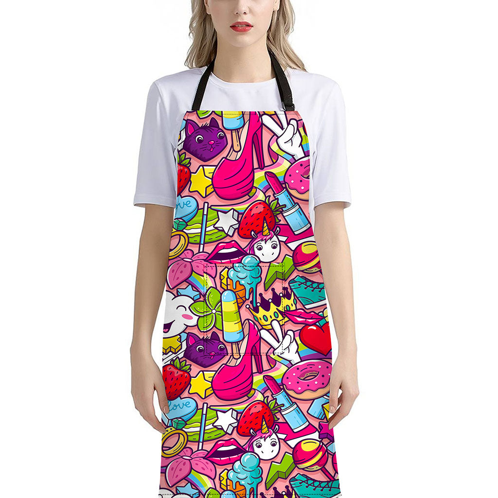 Girly Unicorn Cartoon Pattern Print Bib Apron With Pocket