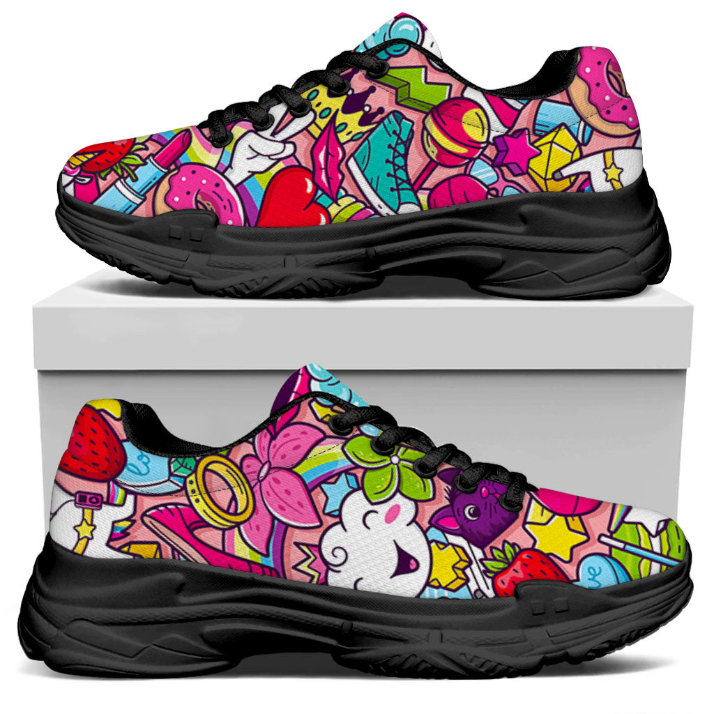 Girly Unicorn Cartoon Pattern Print Black Chunky Shoes