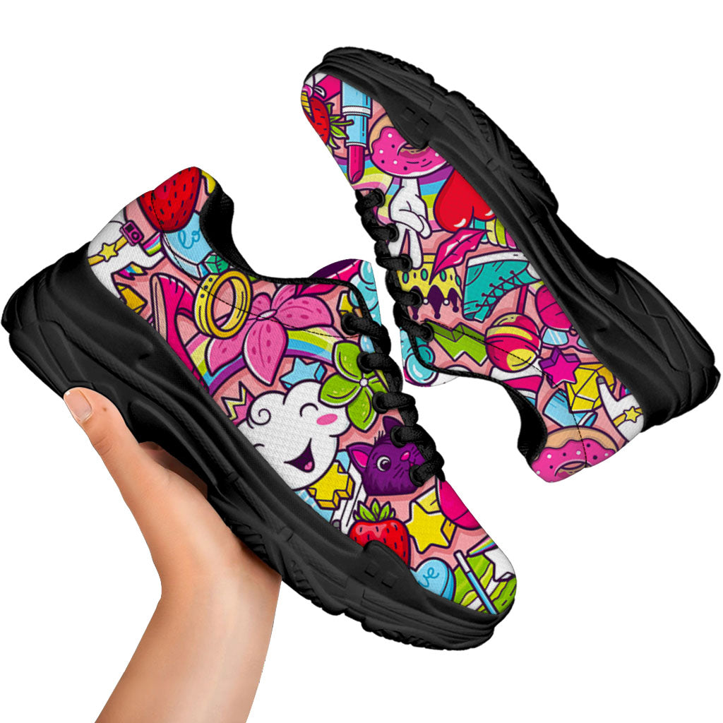 Girly Unicorn Cartoon Pattern Print Black Chunky Shoes