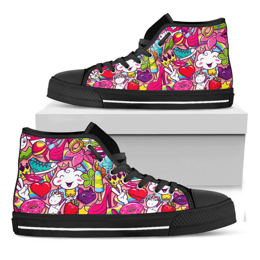 Girly Unicorn Cartoon Pattern Print Black High Top Sneakers