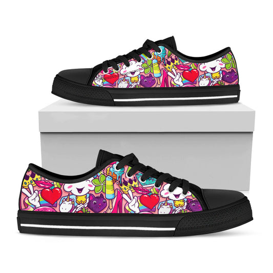 Girly Unicorn Cartoon Pattern Print Black Low Top Sneakers
