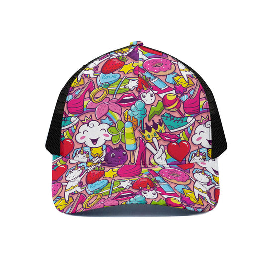 Girly Unicorn Cartoon Pattern Print Black Mesh Trucker Cap