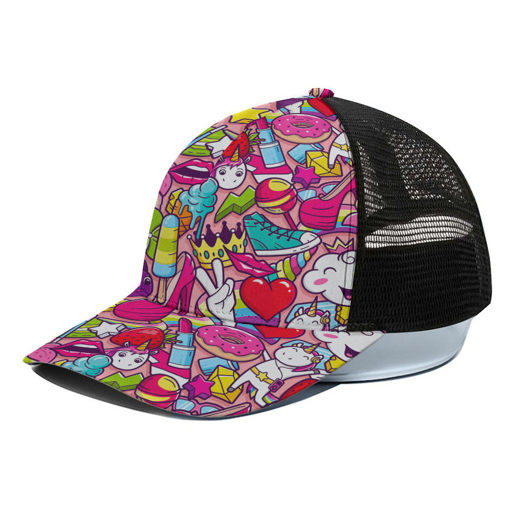 Girly Unicorn Cartoon Pattern Print Black Mesh Trucker Cap