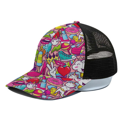 Girly Unicorn Cartoon Pattern Print Black Mesh Trucker Cap