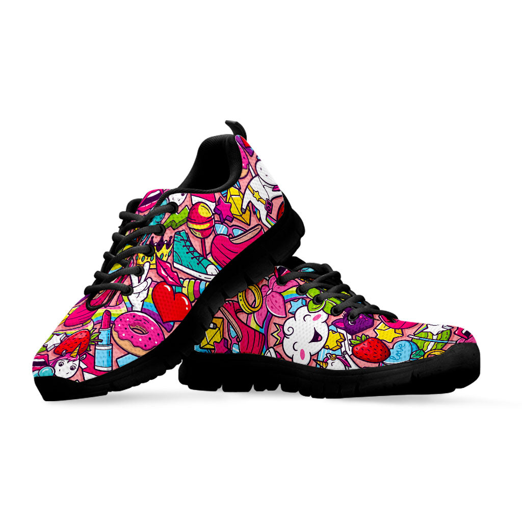 Girly Unicorn Cartoon Pattern Print Black Running Shoes