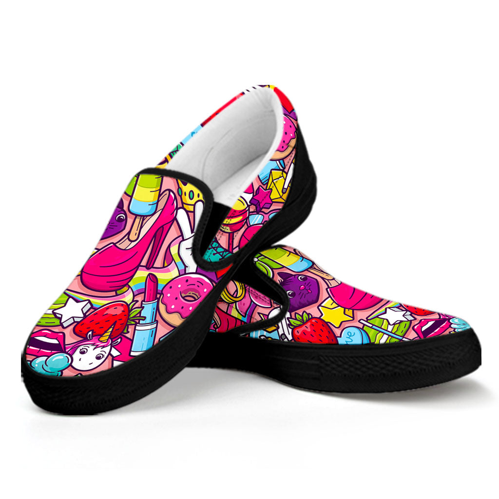 Girly Unicorn Cartoon Pattern Print Black Slip On Sneakers