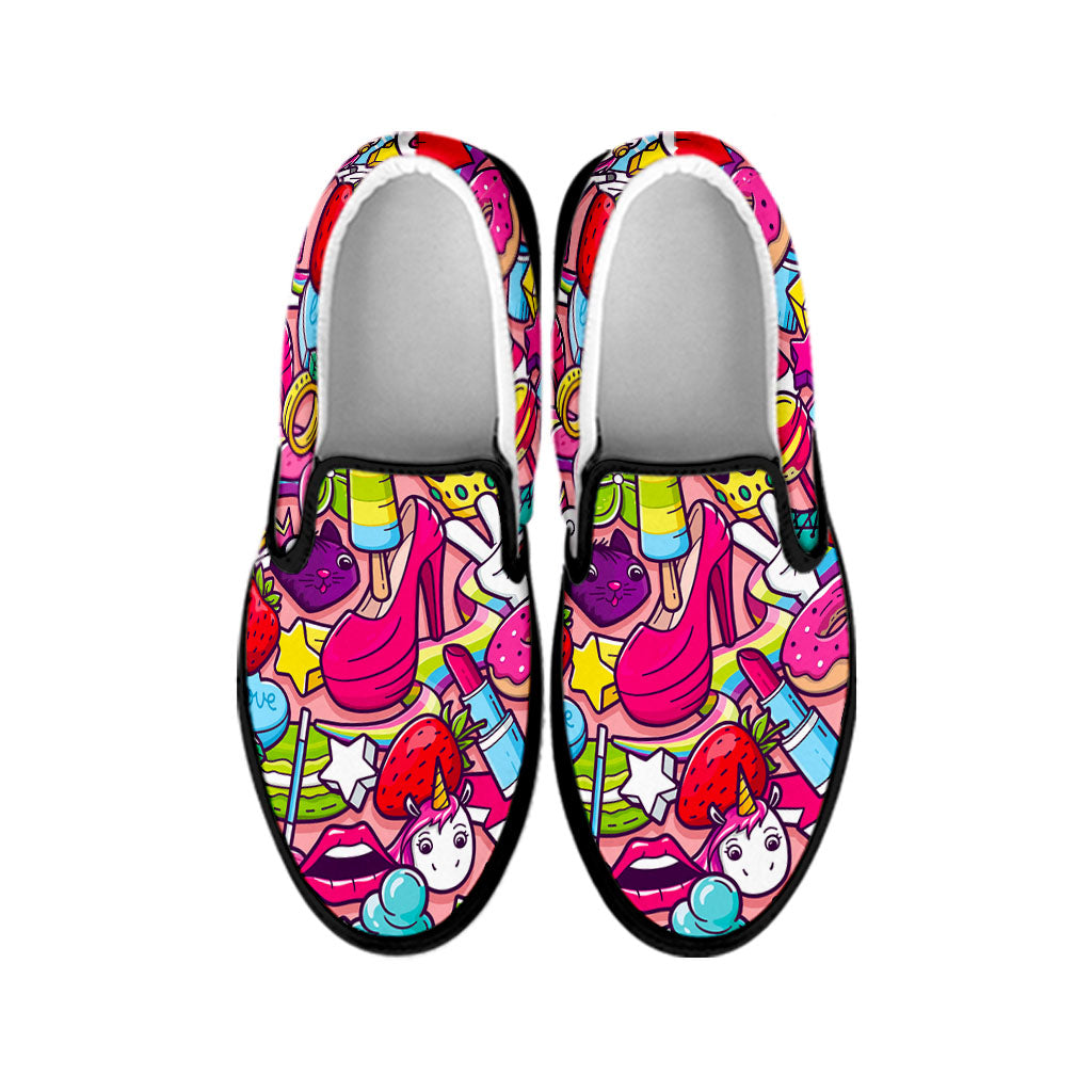 Girly Unicorn Cartoon Pattern Print Black Slip On Sneakers