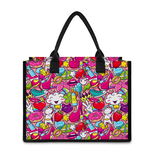 Girly Unicorn Cartoon Pattern Print Canvas Tote Bag