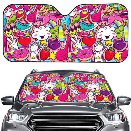Girly Unicorn Cartoon Pattern Print Car Windshield Sun Shade