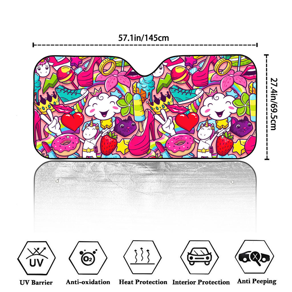 Girly Unicorn Cartoon Pattern Print Car Windshield Sun Shade