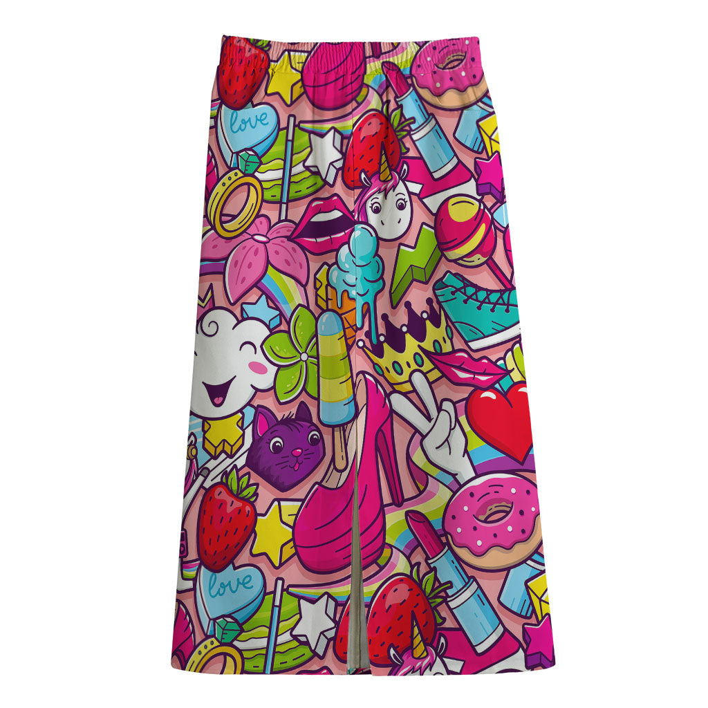 Girly Unicorn Cartoon Pattern Print Cotton Front Slit Maxi Skirt