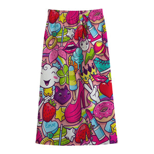 Girly Unicorn Cartoon Pattern Print Cotton Front Slit Maxi Skirt