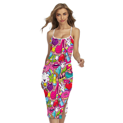Girly Unicorn Cartoon Pattern Print Cross Back Cami Dress