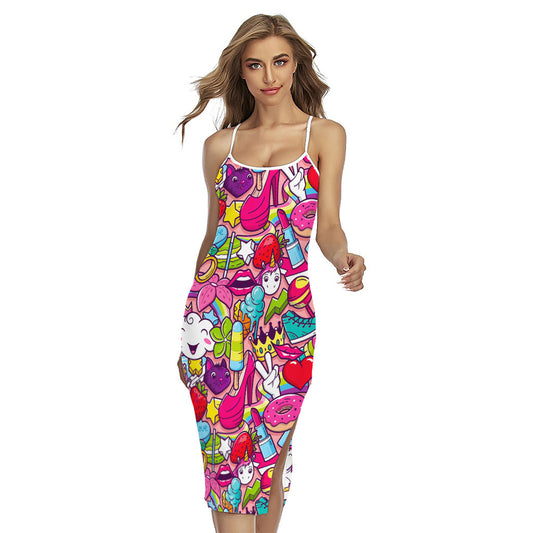 Girly Unicorn Cartoon Pattern Print Cross Back Cami Dress