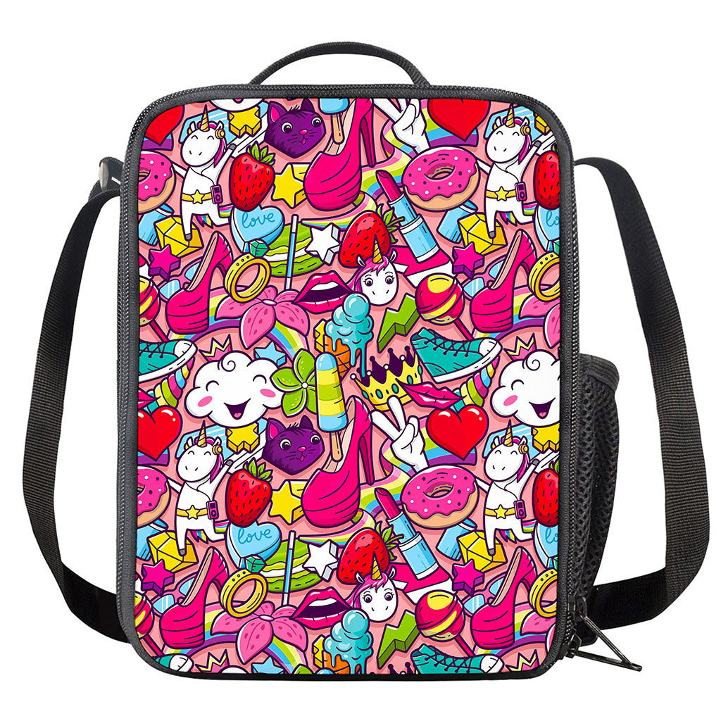 Girly Unicorn Cartoon Pattern Print Crossbody Lunch Bag