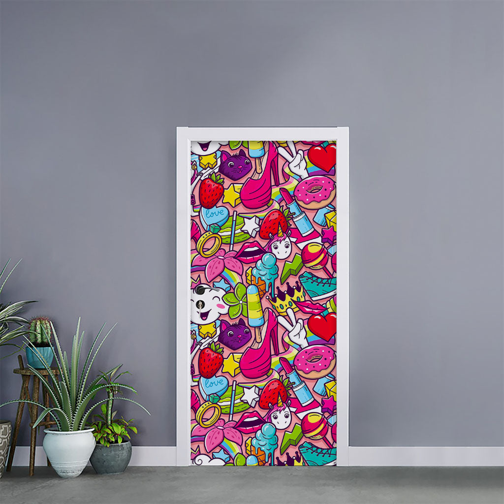 Girly Unicorn Cartoon Pattern Print Door Sticker