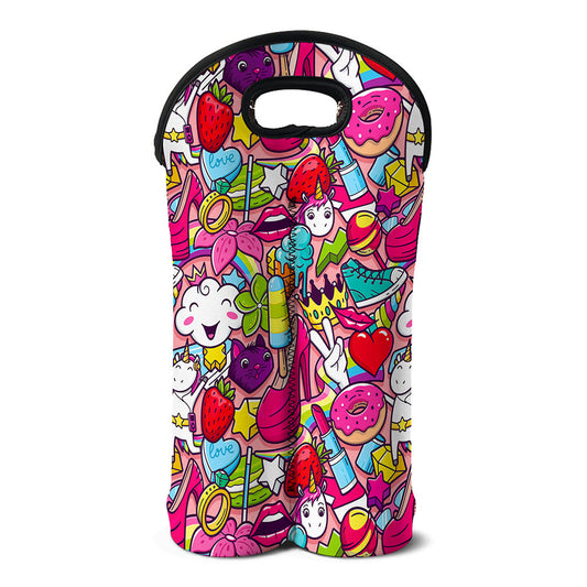 Girly Unicorn Cartoon Pattern Print Double Neoprene Wine Tote