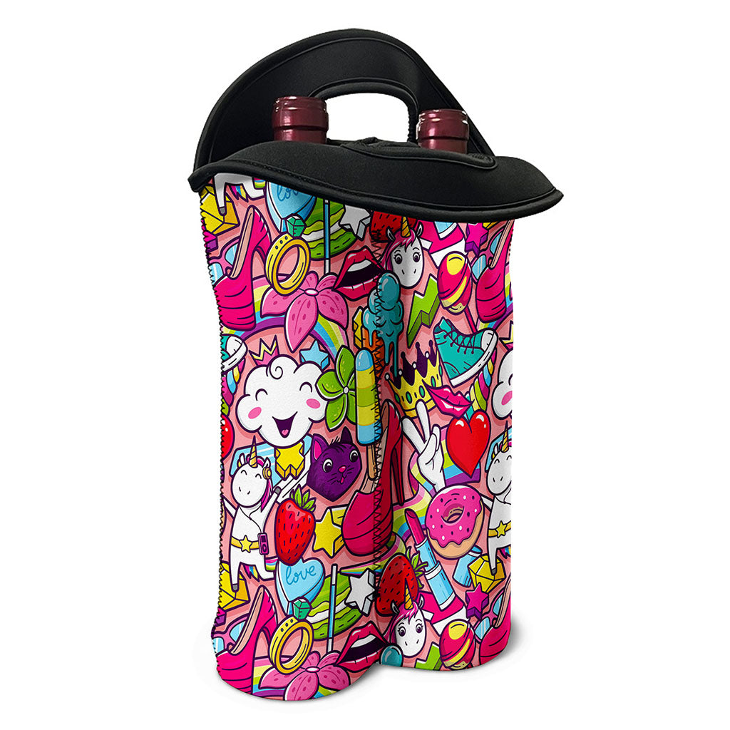 Girly Unicorn Cartoon Pattern Print Double Neoprene Wine Tote