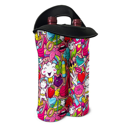 Girly Unicorn Cartoon Pattern Print Double Neoprene Wine Tote