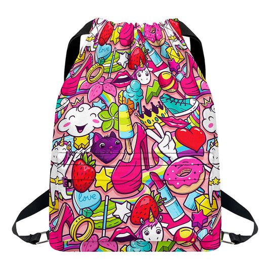 Girly Unicorn Cartoon Pattern Print Drawstring Backpack