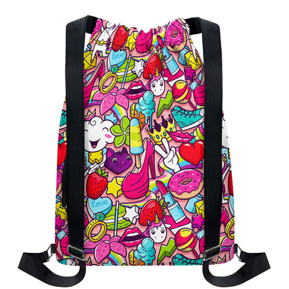 Girly Unicorn Cartoon Pattern Print Drawstring Backpack