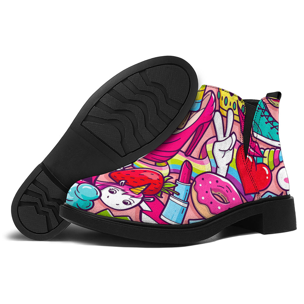 Girly Unicorn Cartoon Pattern Print Flat Ankle Boots