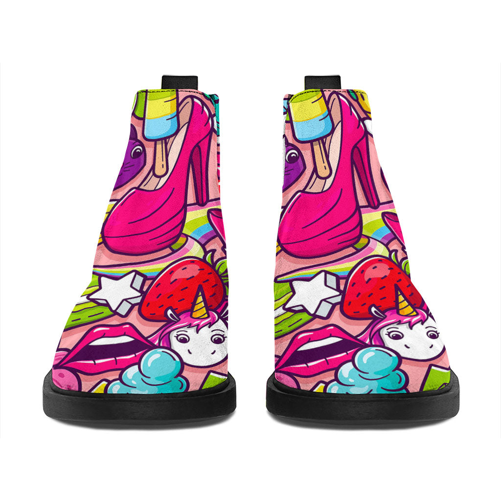 Girly Unicorn Cartoon Pattern Print Flat Ankle Boots