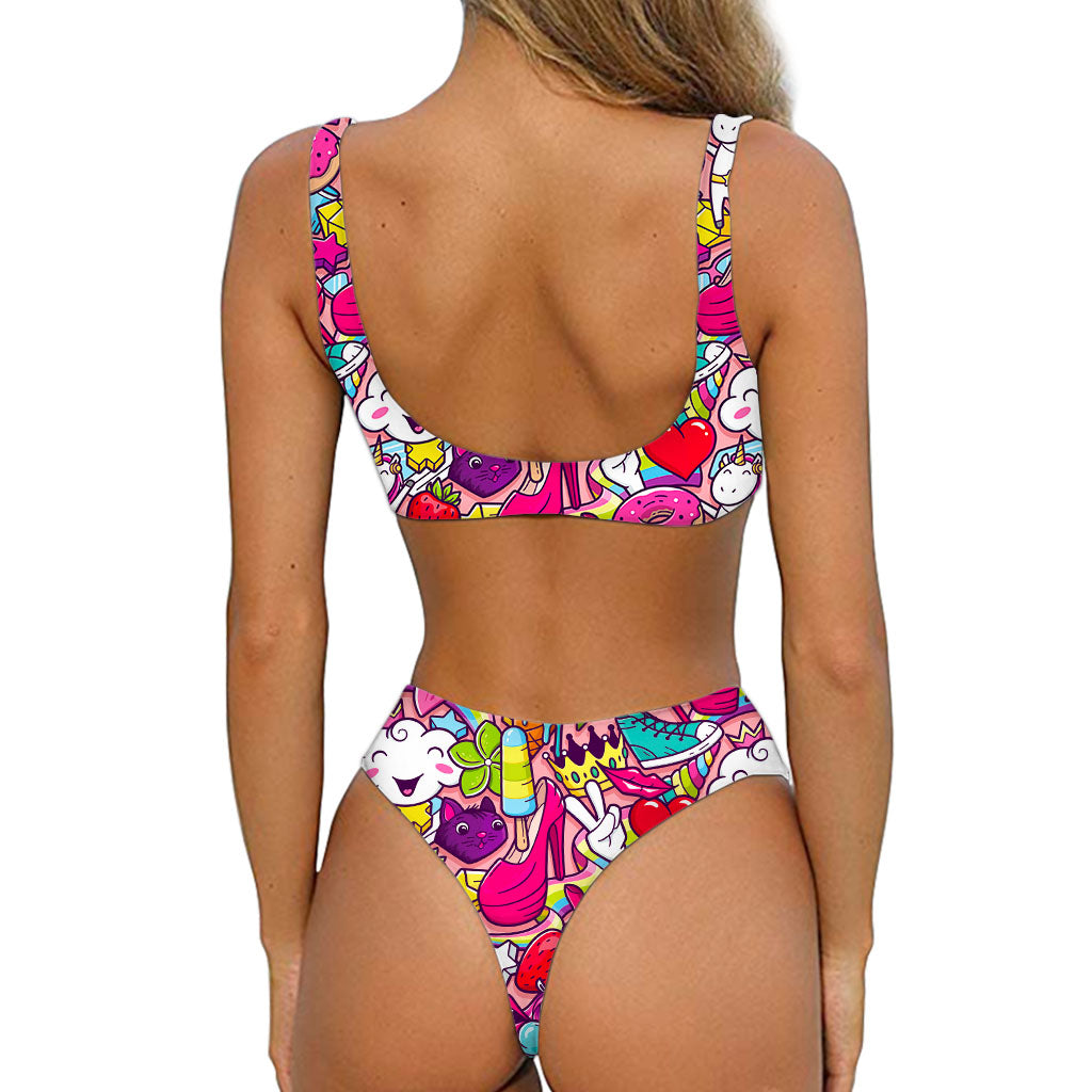 Girly Unicorn Cartoon Pattern Print Front Bow Tie Bikini
