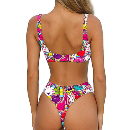 Girly Unicorn Cartoon Pattern Print Front Bow Tie Bikini