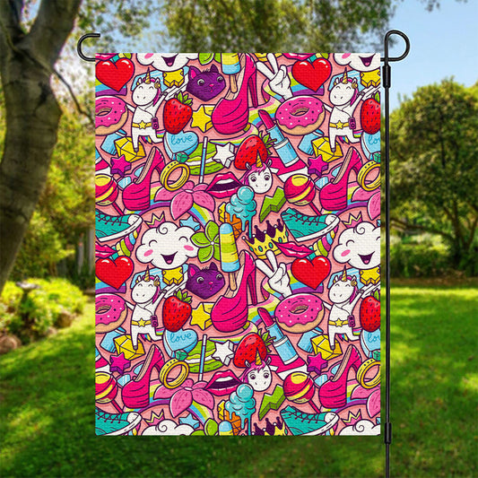 Girly Unicorn Cartoon Pattern Print Garden Flag