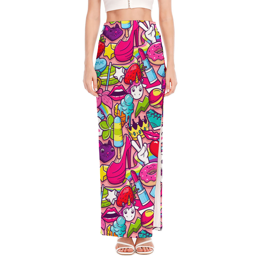 Girly Unicorn Cartoon Pattern Print High Slit Maxi Skirt